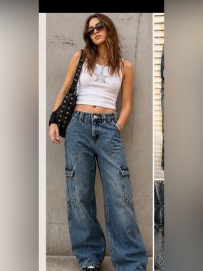 BDG Medium Blue Wide-Leg Cargo Jeans